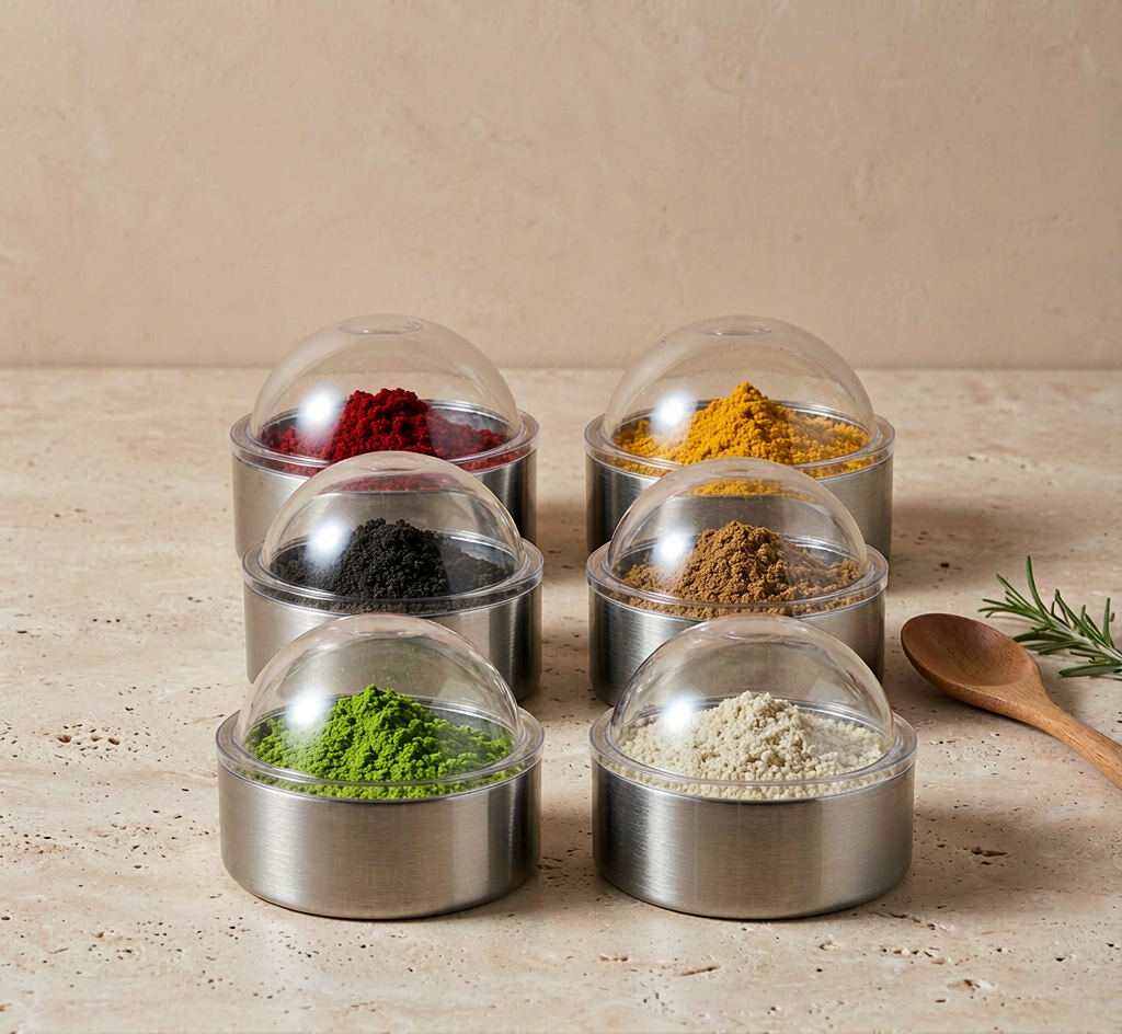 Magnetic Spice Tins · set of 6 — arranged on a stone counter